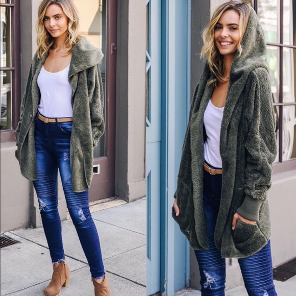 LAST ONE • Olive Green Soft Sherpa Jacket Cardigan - Picture 3 of 6